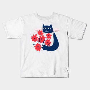 Cute blue cat with red flowers Kids T-Shirt